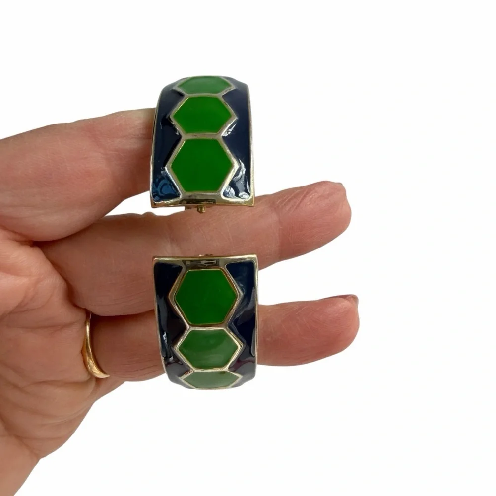 Enamel Green and Blue Hexagon Bangle Bracelet Statement‎ Spring Hinge Seahawks